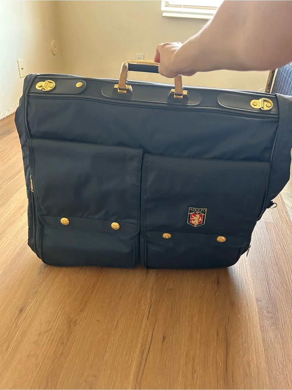 Adolfo Navy Briefcase with Gold Accents and Crest